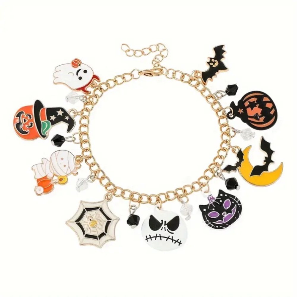 Halloween Pumpkin Ghost Bat Witch Skeleton Gold Tone Charm Bracelet - Picture 2 of 2